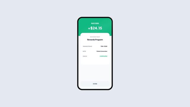 Mobile Banking App Interface Showing Successful Cashback Rewards Program Points Conversion Notification