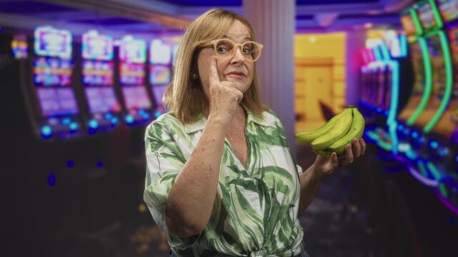 Woman, middle age hispanic blonde wearing glasses and tropical shirt, holding bananas and points finger to cheek in casino slot machine building; amused curiosity.