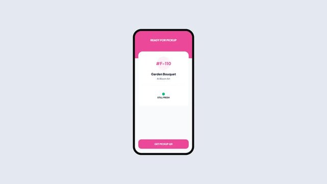 Flower order pickup notification. Mobile delivery app UI. Smartphone order status. Digital pickup alert. Bouquet delivery interface. Modern mobile notification. Clean minimalist design.