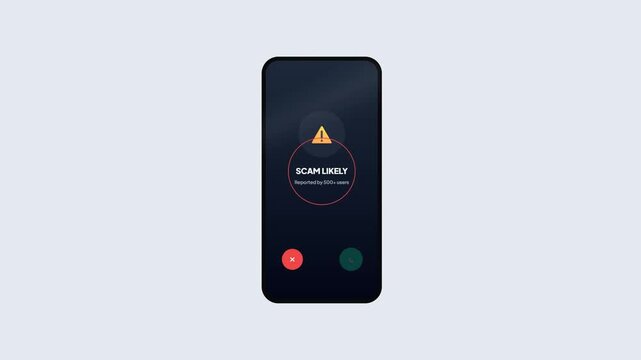 Smartphone application UI design displaying incoming spam call warning alert showing scam likely reported by multiple users.