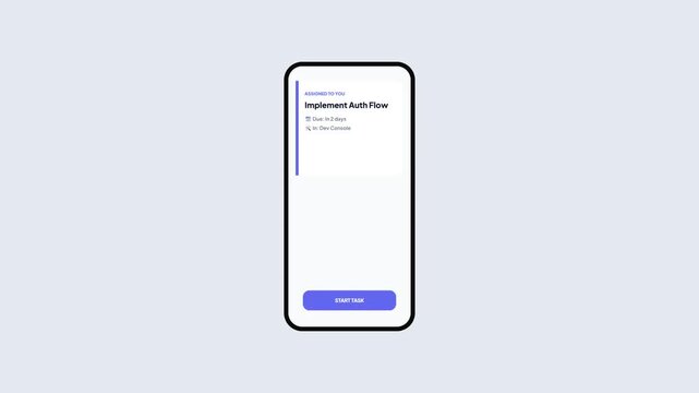 Smartphone Screen Displaying New Task Notification and Project Details UI Animation for Software Developer Workflow
