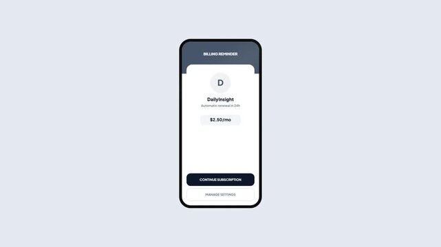 Daily Insight Subscription Billing Alert UI on Mobile Device Showing Recurring Monthly Membership Fee