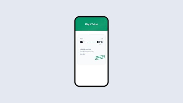 Smartphone Animation Flight Ticket Confirmation from Jakarta to Bali with Green Header and Confirmed Stamp 2D Motion Graphics