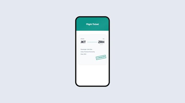 Mobile app interface design for airline boarding pass displaying loading route status and confirmed flight ticket from Jakarta to Zurich.