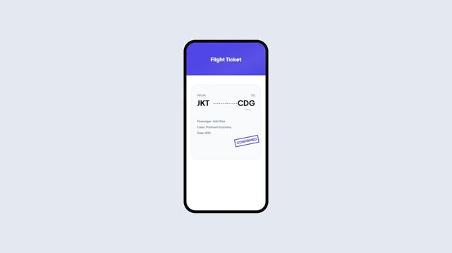 Smartphone Animation Flight Ticket Confirmation Jakarta to Paris Charles de Gaulle with Purple Interface and Motion Graphics