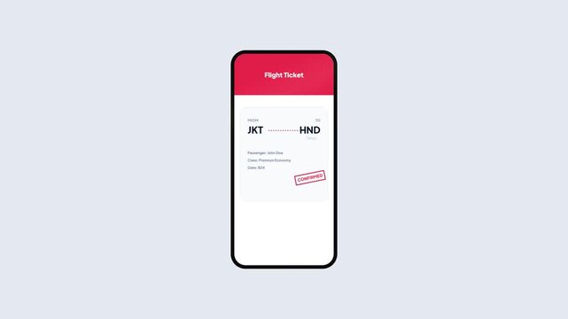 Mobile Phone Screen Flight Ticket Search and Confirmation for Jakarta to Haneda Tokyo in Red Interface 2D Animation