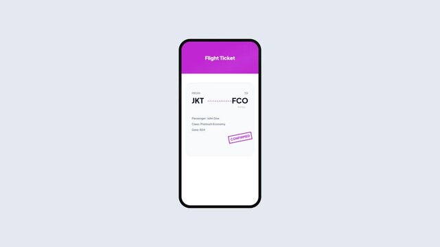 Flight ticket booking mobile application interface design displaying route finding search screen followed by confirmed ticket from Jakarta to Rome.