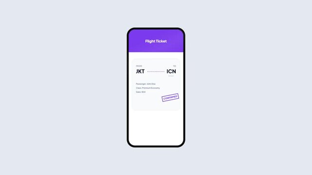 Mobile App UI Animation for Flight Ticket Booking Jakarta to Seoul Incheon with Purple Header and Confirmed Status