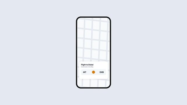 Minimalist smartphone application UI design for flight booking map interface showing travel route destination from Jakarta to Dubai.