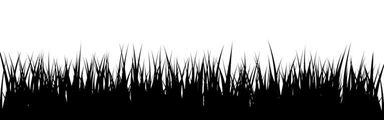 Naklejka premium Meadow silhouette with grass, plants on plain. Panoramic summer lawn landscape with herbs, various weeds. Herbal border, frame element. Black horizontal banners. Vector illustration