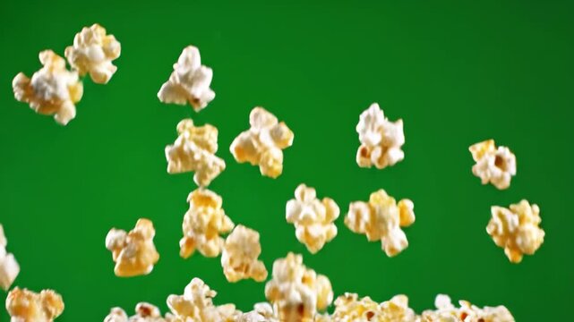 Slow motion video of freshly popped, delicious golden popcorn falling against a vibrant green screen. Perfect for chroma key compositing.