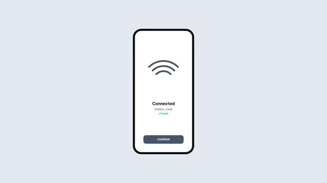 Smartphone WiFi Connection Interface Animation Showing Network Scanning and Successful Stealth Link Establishment
