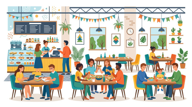 Vibrant restaurant interior with diverse people dining and ordering food