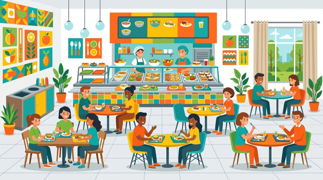 Vibrant school cafeteria with diverse students eating and socializing at tables