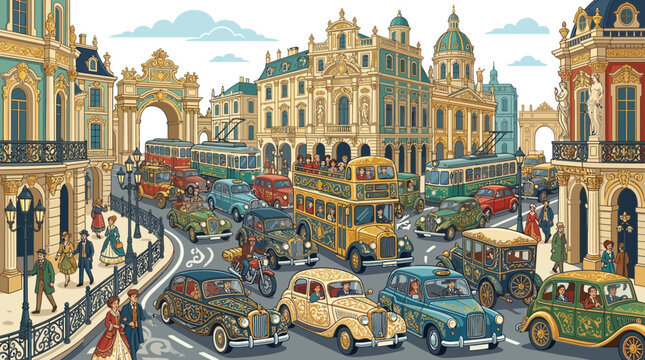 Vintage cars and buses on a busy street in paris with ornate buildings