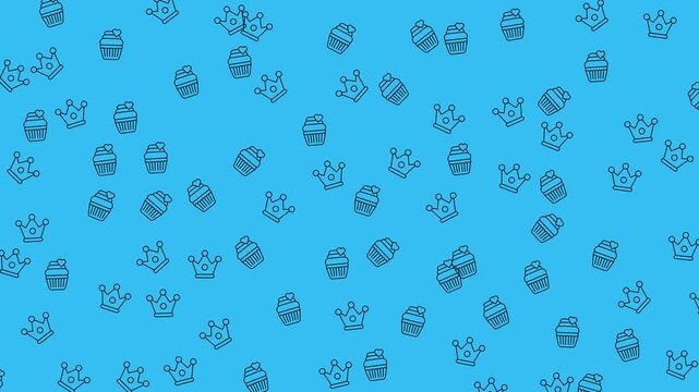 Blue crowns and cupcakes pattern on a blue background. Suitable for royal celebrations, birthdays, or partythemed designs for kids events.