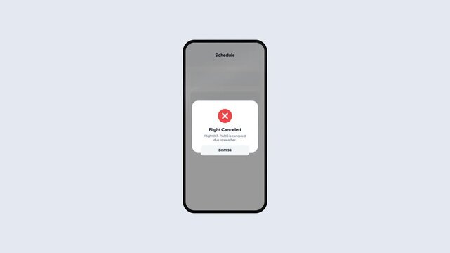 Smartphone Interface Showing Flight Canceled Alert Notification Popup with Red Warning Icon and Dismiss Button
