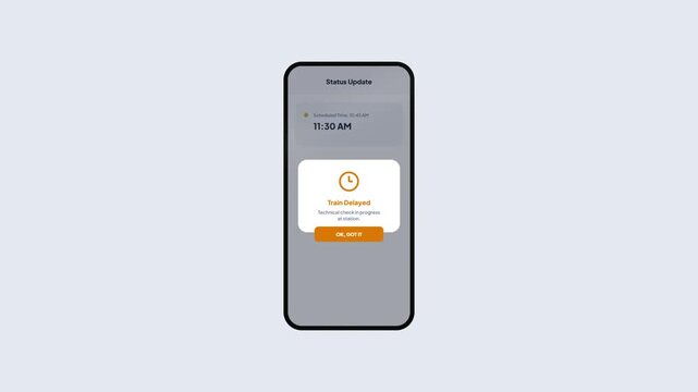 Smartphone Screen Interface Showing Train Delay Notification and Time Update Animation, Flat Minimalist UI Design, Transportation App Concept, 4K Resolution
