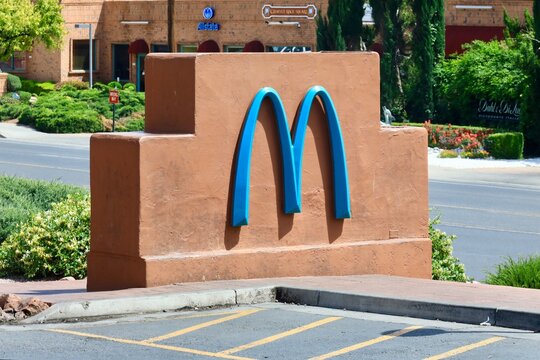 Sedona, Arizona - Turquoise blue teal McDonalds arches at the Sedona McDonalds, the only blue arches in the world 