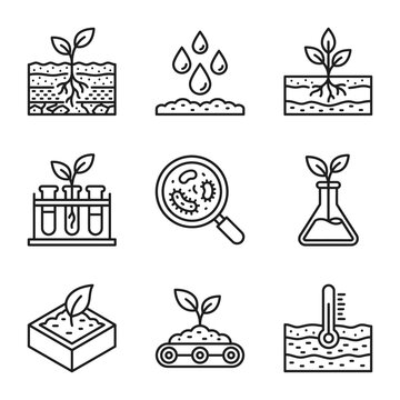 Plant growth and scientific research outline icons with research seedling laboratory environment