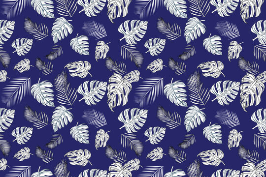 Seamless Hawaiian floral pattern in elegant blue tones, featuring tropical flowers and leaves arranged in a balanced composition. This high-quality design is perfect for textile printing, fabric, fash