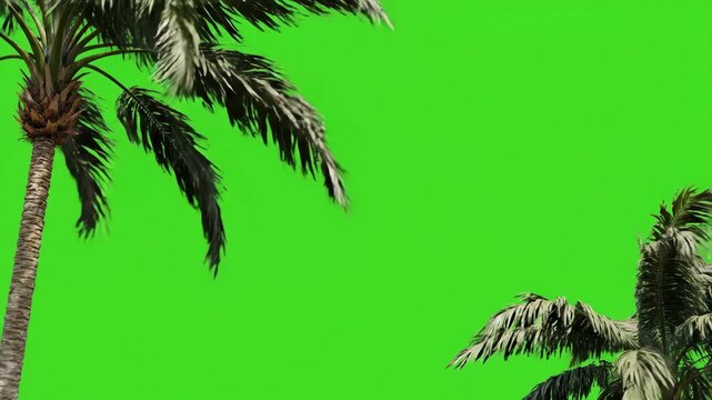 Two palm trees with lush green fronds sway naturally in a gentle breeze. Ideal for compositing tropical scenes.