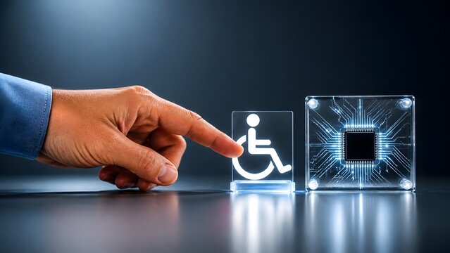 Assistive hardware technology concept with hand pointing at wheelchair accessibility icon next to glowing microchip