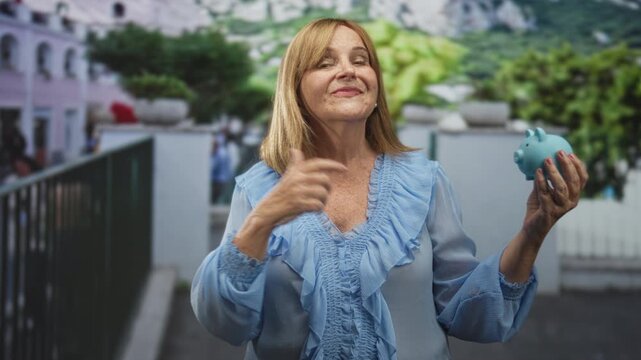 Woman in ruffled blue blouse points finger at a blue piggy bank while holding it by the railing on a street; confidence retirement planning.