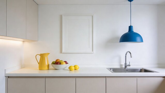 A serene kitchen interior with a yellow pitcher and lemons on the counter.