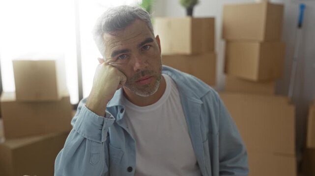 Man rests hand on cheek and smiles amid packed cardboard boxes in building while settling into new home; fresh start contentment.
