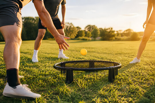 Friends playing spikeball roundnet outdoors at sunset in park