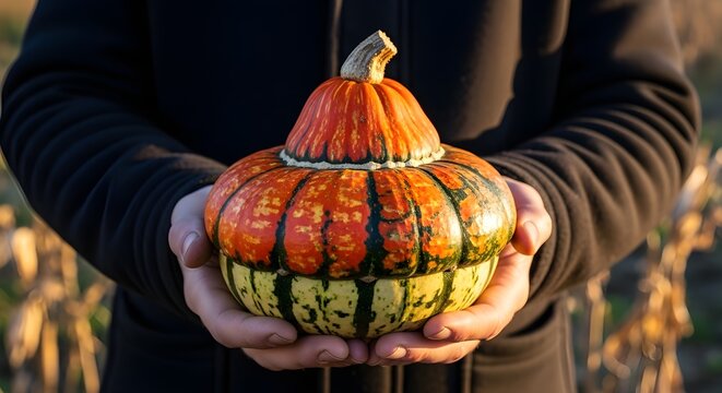 Hands holding a vibrant orange and green striped turban squash during the fall harvest season in a field for festive autumn holiday decoration