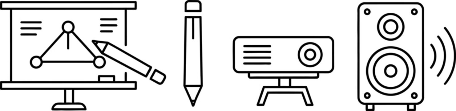 Set of line art icons featuring presentation equipment and educational tools.