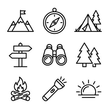 Outdoor adventure and camping exploration line icon set with adventure mountain navigation