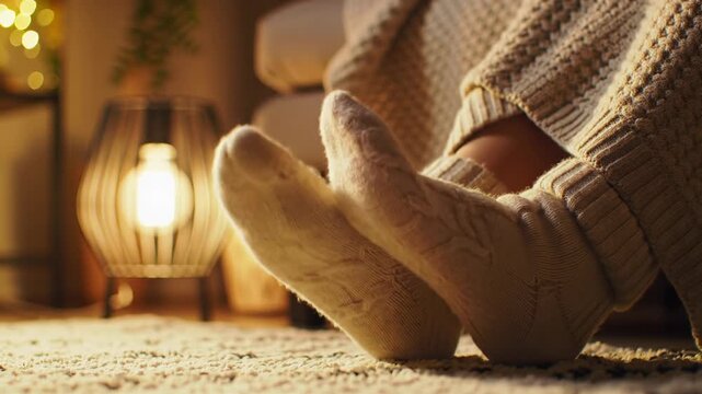 Low angle, medium close-up video of two pairs of feet in cream cashmere socks, partially under a light-beige knit blanket, gently wiggling toes in warm, soft, diffused golden-hour light with bokeh.