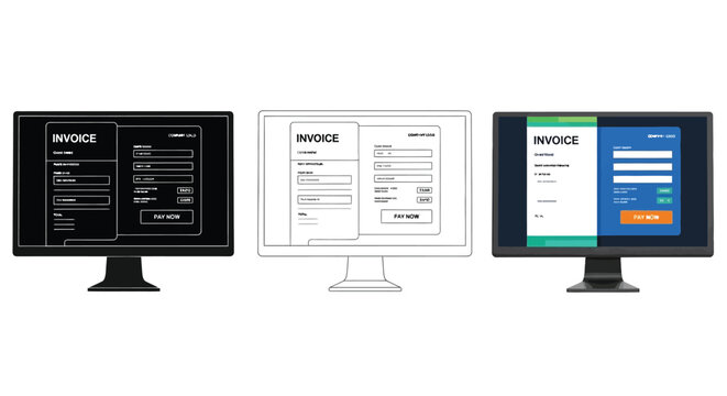 Three computer monitors displaying different styles of a professional digital invoice web payment interface template