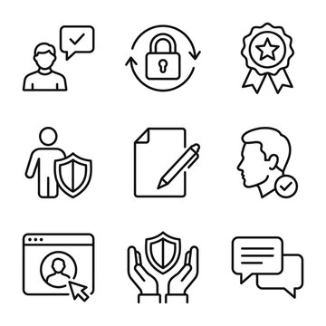 Business communication and security management outline icon set with communication, business