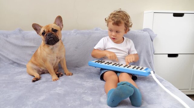 Young boy sits on sofa with his French Bulldog, pressing random keys on melodica and creating chaotic melody. Confused but loyal dog remains by his side, unimpressed by noise. Boy gently pats dog