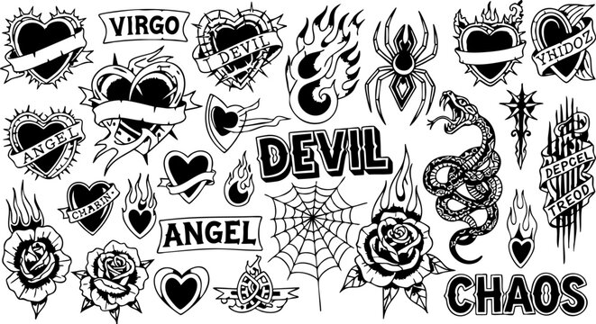 Vintage old school tattoo flash set, black and white traditional tattoo elements with hearts and roses, hand drawn ink style vector illustrations