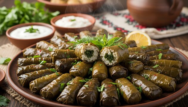 Fresh Stuffed Grape Leaf Rolls on Rustic Plate