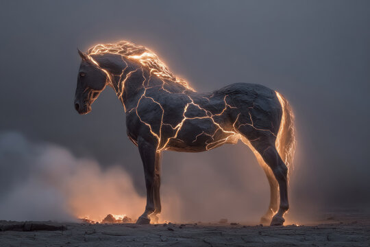 Mythic Lava Horse with Glowing Cracked Fire Veins in Volcanic Mist