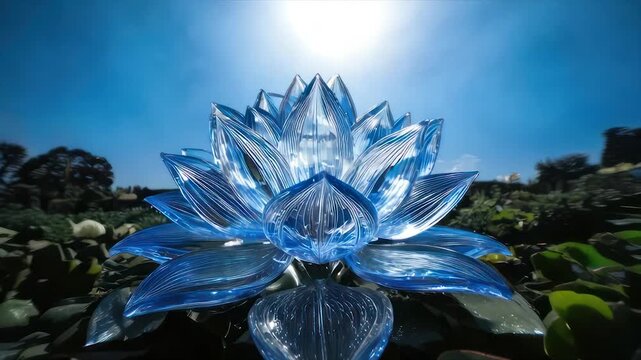 A luminous, crystalline blue lotus flower in a pond reflects the sunlight against a blue sky