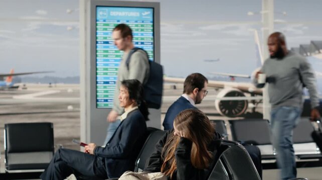Walking, FIDS schedule display and multiethnic travelers in busy airport. Reading timetable, departure board display and diverse tourists navigating past it in transit hub