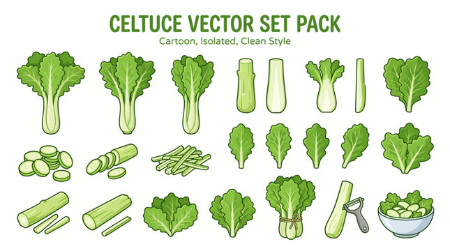 Celtuce vector set pack featuring fresh stems, leaves, slices, and culinary preparation in cartoon style