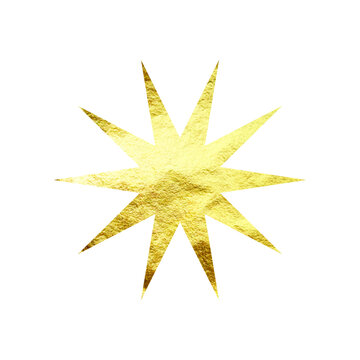 Golden star, sunburst symbol. Shiny gold foil. Vintage sunbeam symbol. Shopping labels, sale sticker, quality mark. Modern art. Wedding, greeting card decoration elements. Vector illustration