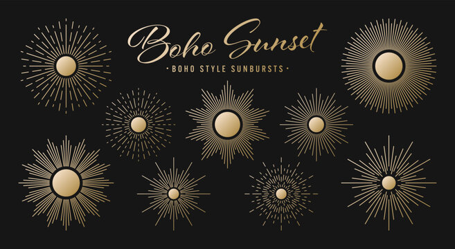 Vintage golden sunburst, sunset beams collection. Boho style, modern minimalist bohemian design. Hand drawn bursting sun, light rays. Logotype or lettering retro design element. Vector illustration