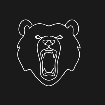 Roaring Bear Head White Outline Illustration on Black Background