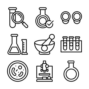 Set of laboratory science and medical research outline icons with laboratory research experiment