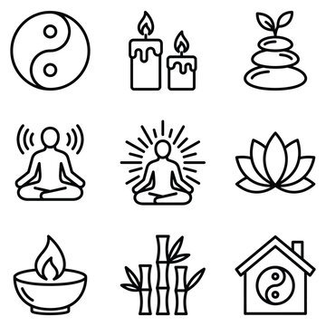 Yoga meditation and mindfulness wellness vector icon set with meditation mindfulness wellness