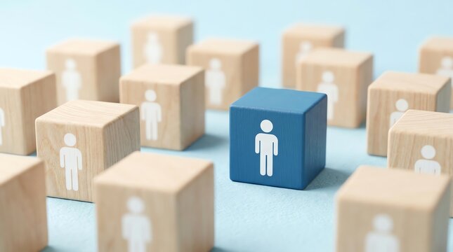 A single blue block with a person icon stands out among many wooden blocks, symbolizing individuality, leadership, and talent selection in a group